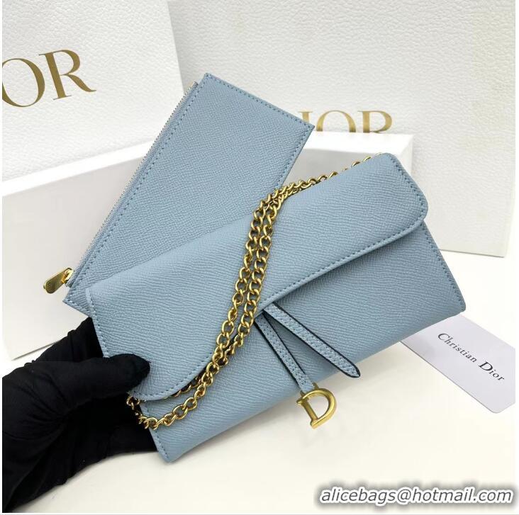 Buy Discount Dior Large Saddle Wallet on Chain Clutch in Grained Calfskin 500523 Light Blue