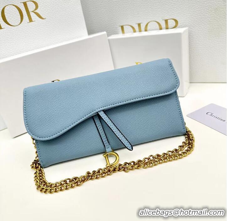 Buy Discount Dior Large Saddle Wallet on Chain Clutch in Grained Calfskin 500523 Light Blue