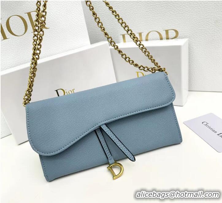 Buy Discount Dior Large Saddle Wallet on Chain Clutch in Grained Calfskin 500523 Light Blue