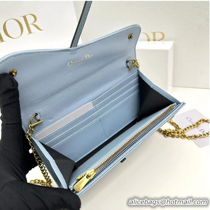 Buy Discount Dior Large Saddle Wallet on Chain Clutch in Grained Calfskin 500523 Light Blue