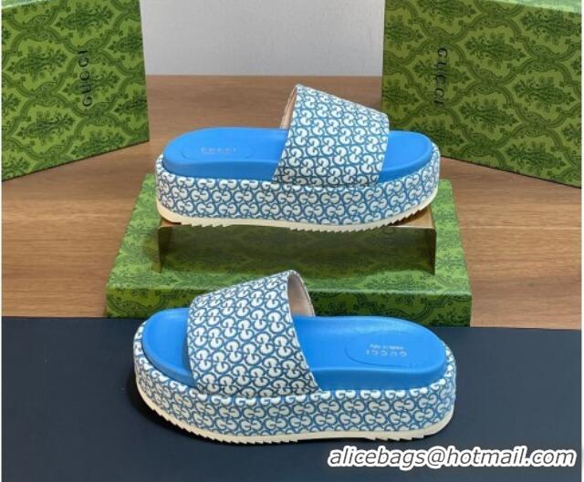 Pretty Style Gucci Platform Slide Sandals 5cm in GG Canvas Jacquard Blue 427002