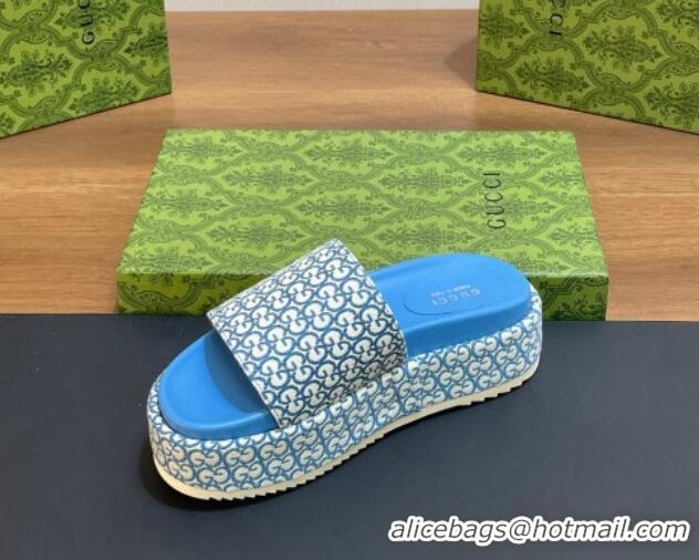 Pretty Style Gucci Platform Slide Sandals 5cm in GG Canvas Jacquard Blue 427002