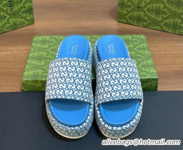 Pretty Style Gucci Platform Slide Sandals 5cm in GG Canvas Jacquard Blue 427002