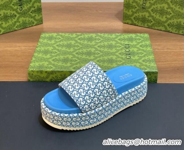 Pretty Style Gucci Platform Slide Sandals 5cm in GG Canvas Jacquard Blue 427002