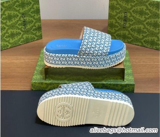 Pretty Style Gucci Platform Slide Sandals 5cm in GG Canvas Jacquard Blue 427002