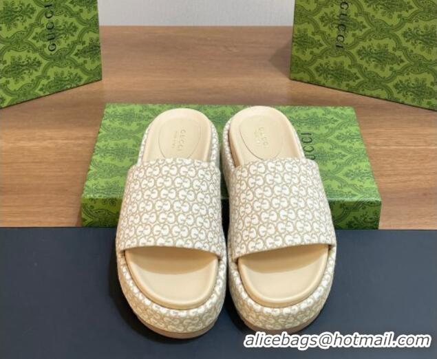 Grade Quality Gucci Platform Slide Sandals 5cm in GG Canvas Jacquard Beige 427003