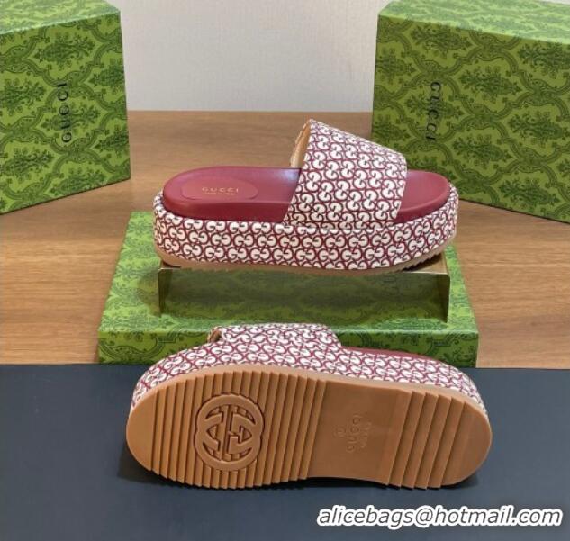 Good Product Gucci Platform Slide Sandals 5cm in GG Canvas Jacquard Burgundy 0427004