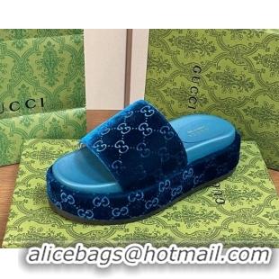 Good Looking Gucci Platform Slide Sandals 5cm in GG Velvet Dark Blue 427005