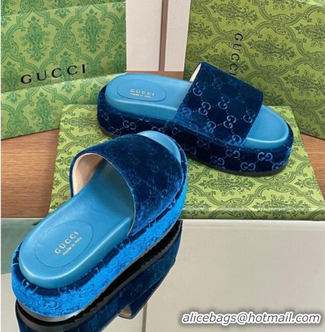 Good Looking Gucci Platform Slide Sandals 5cm in GG Velvet Dark Blue 427005