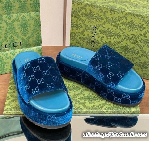 Good Looking Gucci Platform Slide Sandals 5cm in GG Velvet Dark Blue 427005