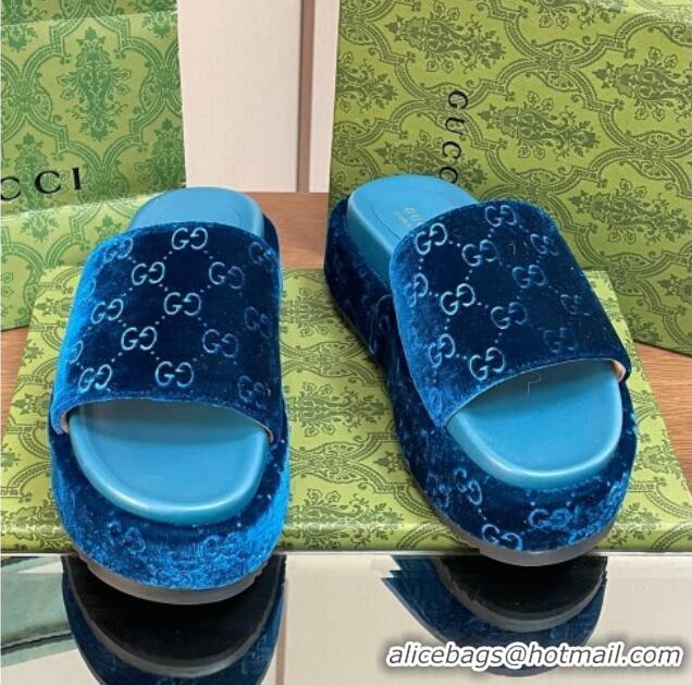 Good Looking Gucci Platform Slide Sandals 5cm in GG Velvet Dark Blue 427005