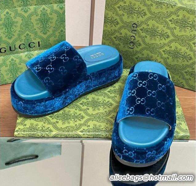 Good Looking Gucci Platform Slide Sandals 5cm in GG Velvet Dark Blue 427005