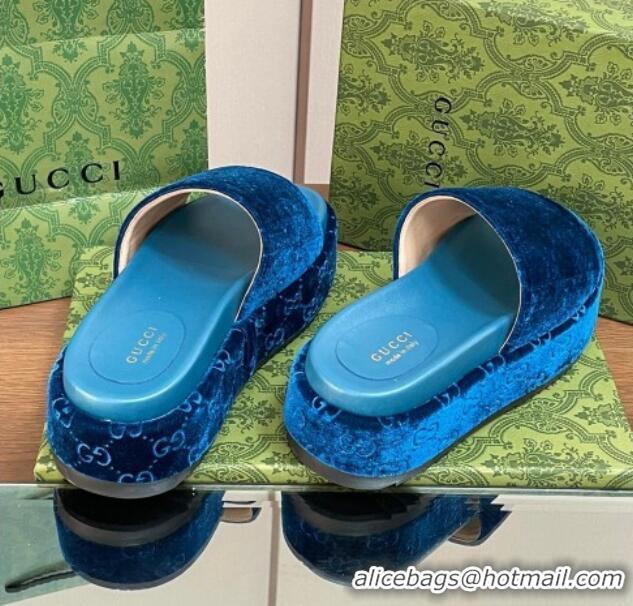 Good Looking Gucci Platform Slide Sandals 5cm in GG Velvet Dark Blue 427005