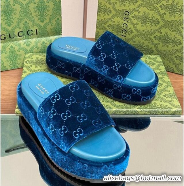 Good Looking Gucci Platform Slide Sandals 5cm in GG Velvet Dark Blue 427005