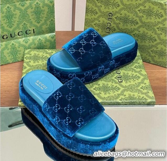 Good Looking Gucci Platform Slide Sandals 5cm in GG Velvet Dark Blue 427005