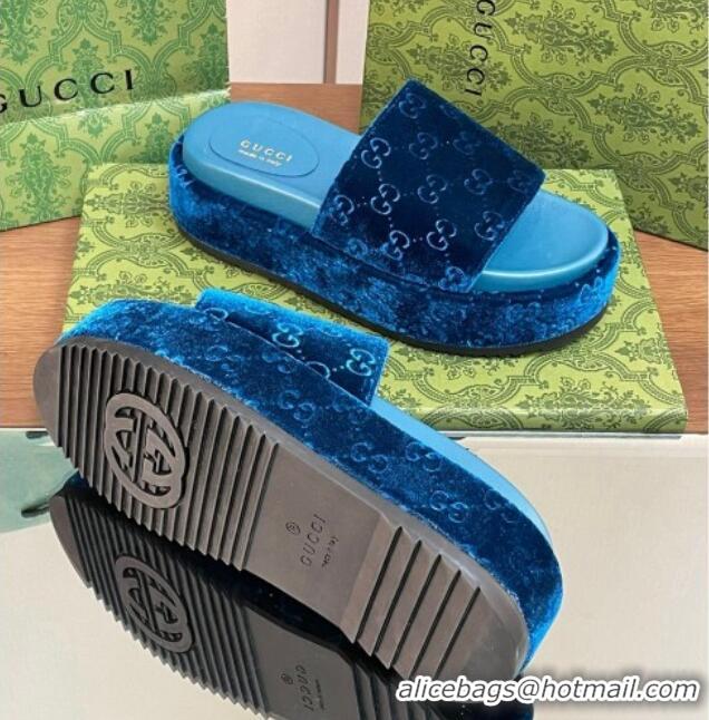 Good Looking Gucci Platform Slide Sandals 5cm in GG Velvet Dark Blue 427005