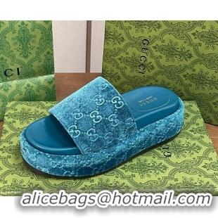 Best Grade Gucci Platform Slide Sandals 5cm in GG Velvet Light Blue 427007