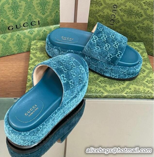 Best Grade Gucci Platform Slide Sandals 5cm in GG Velvet Light Blue 427007