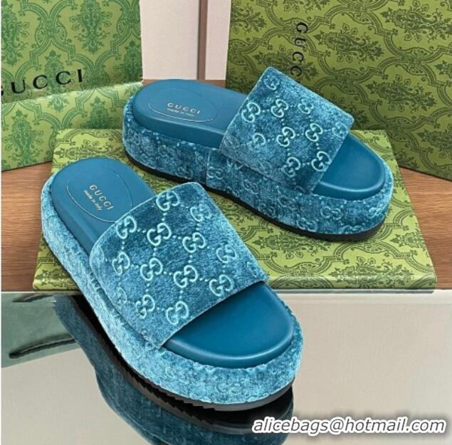 Best Grade Gucci Platform Slide Sandals 5cm in GG Velvet Light Blue 427007