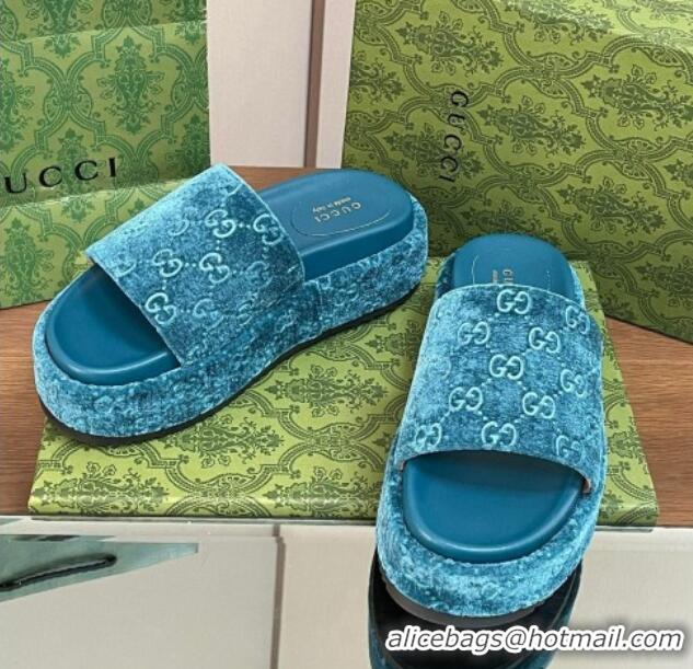 Best Grade Gucci Platform Slide Sandals 5cm in GG Velvet Light Blue 427007