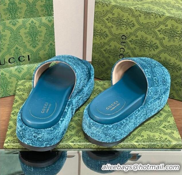 Best Grade Gucci Platform Slide Sandals 5cm in GG Velvet Light Blue 427007