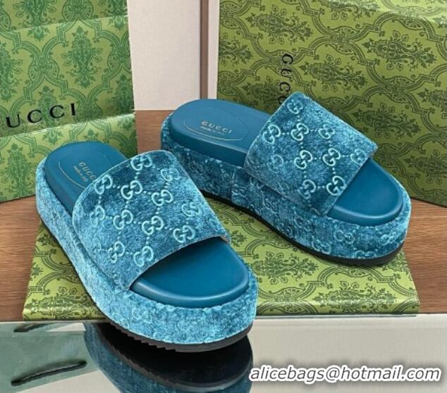 Best Grade Gucci Platform Slide Sandals 5cm in GG Velvet Light Blue 427007