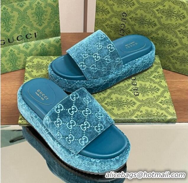 Best Grade Gucci Platform Slide Sandals 5cm in GG Velvet Light Blue 427007