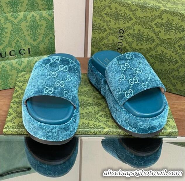 Best Grade Gucci Platform Slide Sandals 5cm in GG Velvet Light Blue 427007