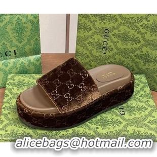 Top Design Gucci Platform Slide Sandals 5cm in GG Velvet Brown 427008