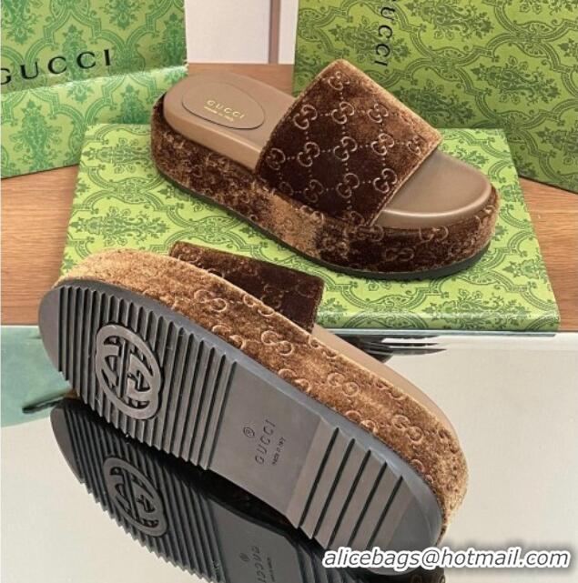 Top Design Gucci Platform Slide Sandals 5cm in GG Velvet Brown 427008