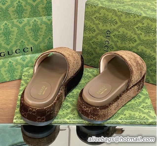 Top Design Gucci Platform Slide Sandals 5cm in GG Velvet Brown 427008