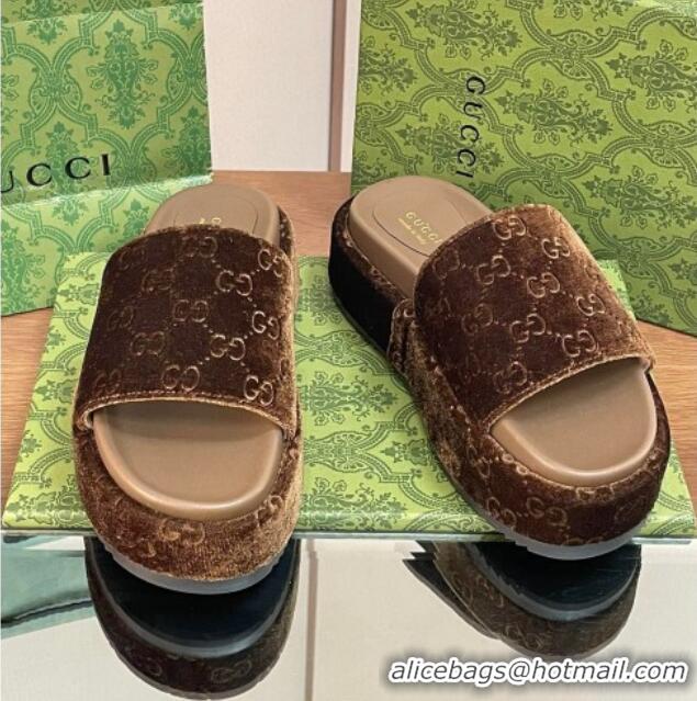 Top Design Gucci Platform Slide Sandals 5cm in GG Velvet Brown 427008