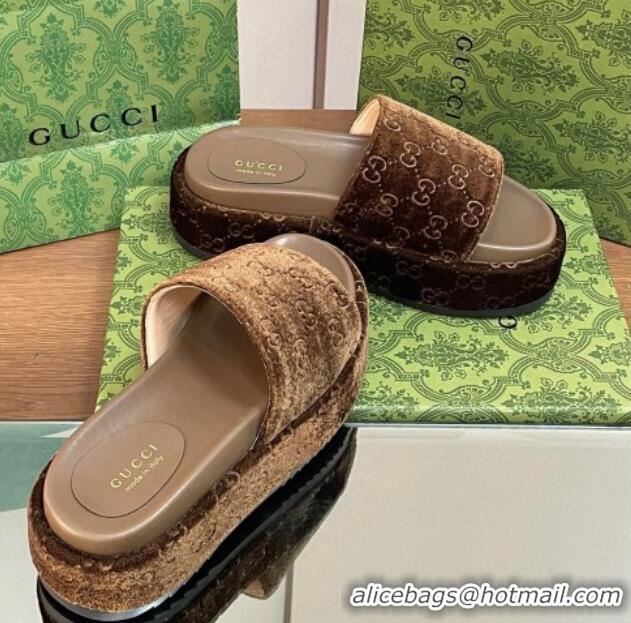 Top Design Gucci Platform Slide Sandals 5cm in GG Velvet Brown 427008