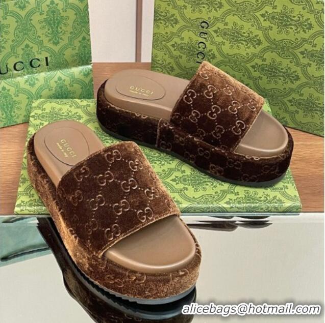 Top Design Gucci Platform Slide Sandals 5cm in GG Velvet Brown 427008