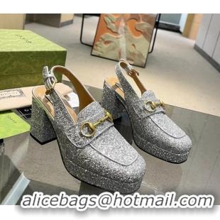 Shop Duplicate Gucci Glitters Horsebit Slingback Pumps 8.5cm 771566 Silver 427009