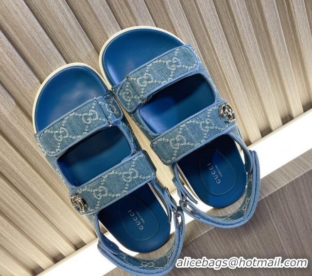 Best Grade Gucci Double G Denim Flat Sandals Blue 427014