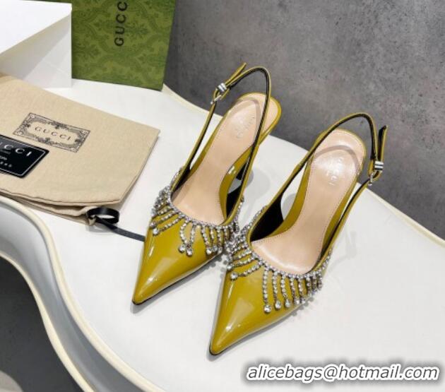 Unique Style Gucci Patent Leather Slingback Pumps 10cm with Crystal Tassel Green 427015