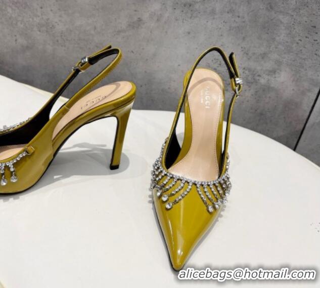 Unique Style Gucci Patent Leather Slingback Pumps 10cm with Crystal Tassel Green 427015