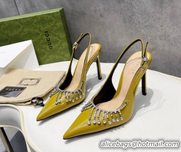 Unique Style Gucci Patent Leather Slingback Pumps 10cm with Crystal Tassel Green 427015