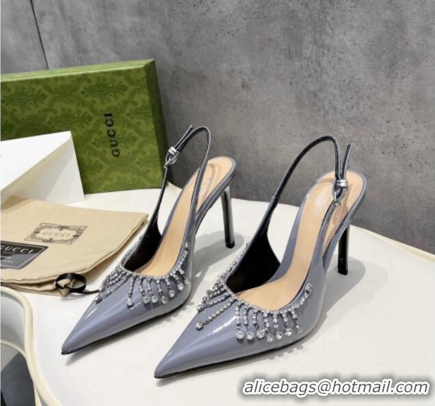 Sumptuous Gucci Patent Leather Slingback Pumps 10cm with Crystal Tassel Grey 427016