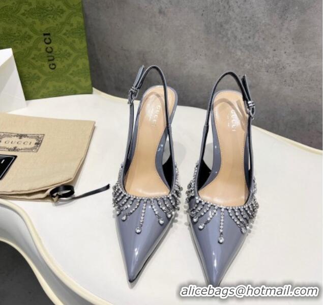 Sumptuous Gucci Patent Leather Slingback Pumps 10cm with Crystal Tassel Grey 427016