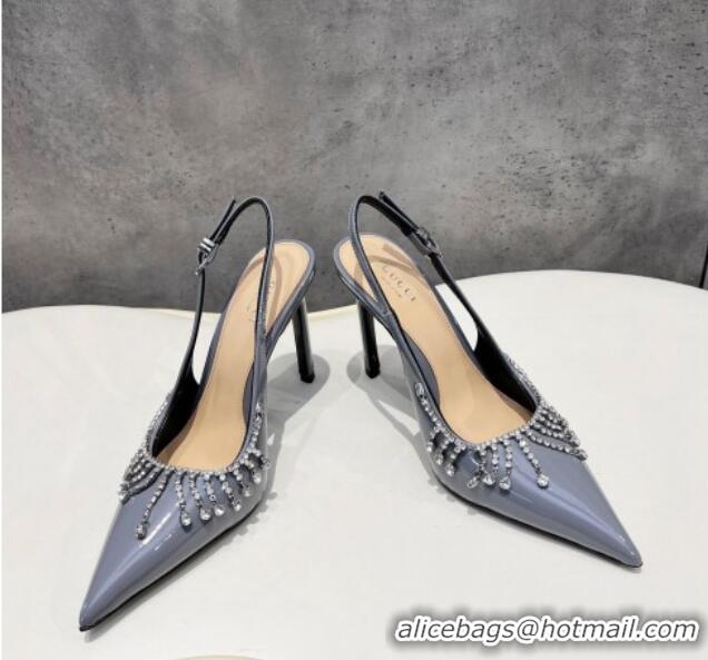 Sumptuous Gucci Patent Leather Slingback Pumps 10cm with Crystal Tassel Grey 427016