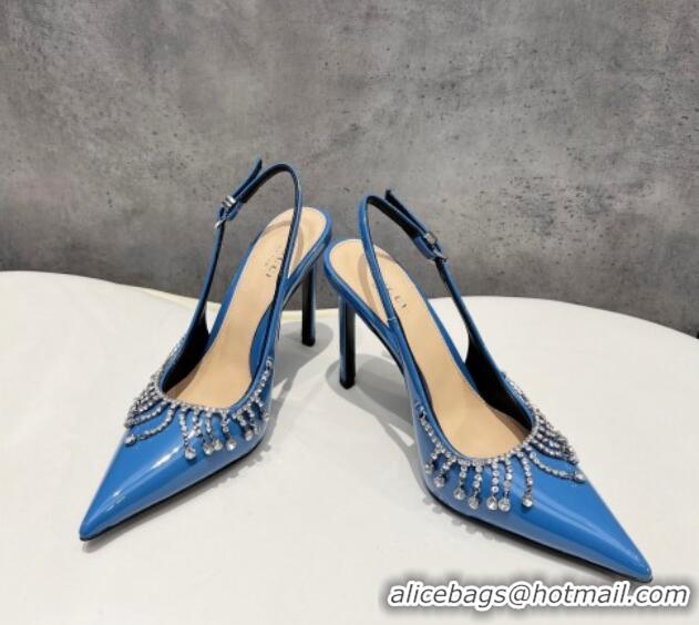 Good Looking Gucci Patent Leather Slingback Pumps 10cm with Crystal Tassel Blue 427017