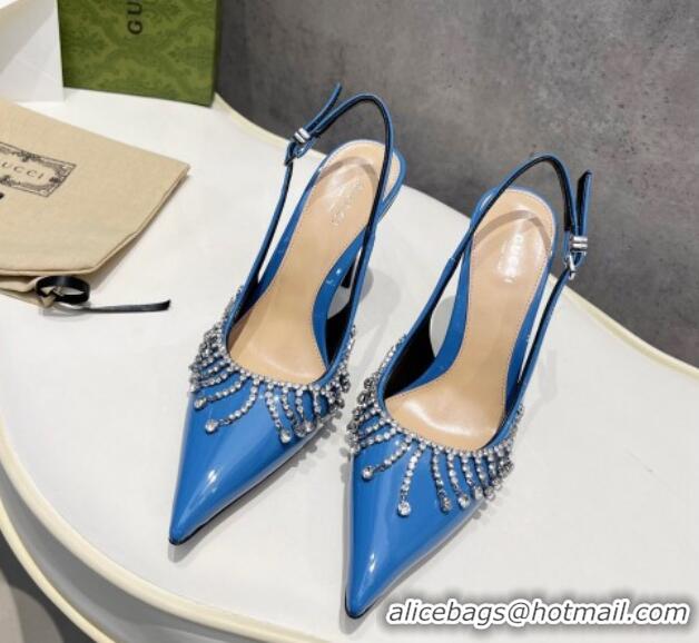 Good Looking Gucci Patent Leather Slingback Pumps 10cm with Crystal Tassel Blue 427017