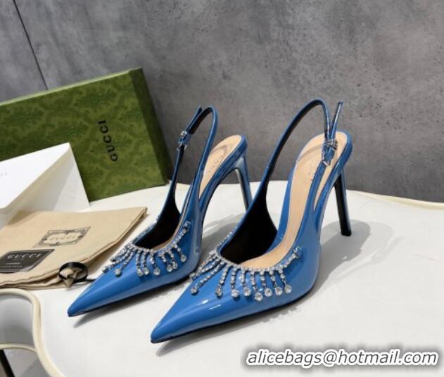 Good Looking Gucci Patent Leather Slingback Pumps 10cm with Crystal Tassel Blue 427017