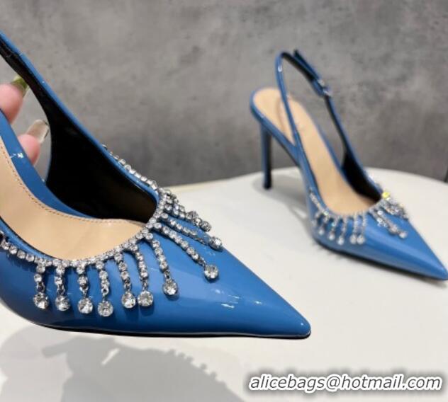 Good Looking Gucci Patent Leather Slingback Pumps 10cm with Crystal Tassel Blue 427017