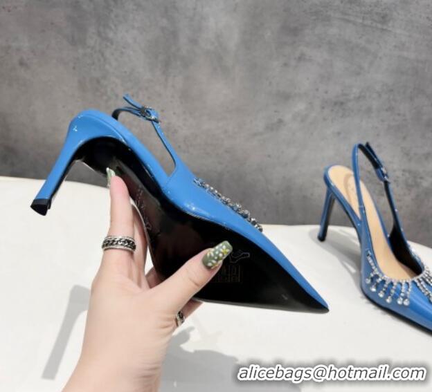 Good Looking Gucci Patent Leather Slingback Pumps 10cm with Crystal Tassel Blue 427017