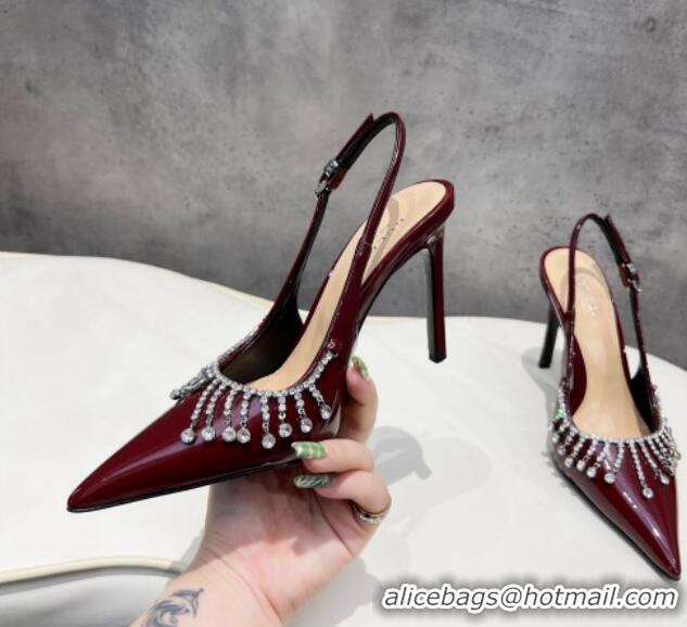 Good Product Gucci Patent Leather Slingback Pumps 10cm with Crystal Tassel Dark Burgundy 427019