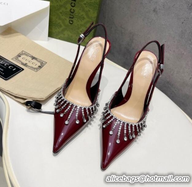 Good Product Gucci Patent Leather Slingback Pumps 10cm with Crystal Tassel Dark Burgundy 427019