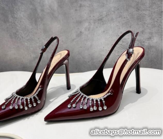 Good Product Gucci Patent Leather Slingback Pumps 10cm with Crystal Tassel Dark Burgundy 427019